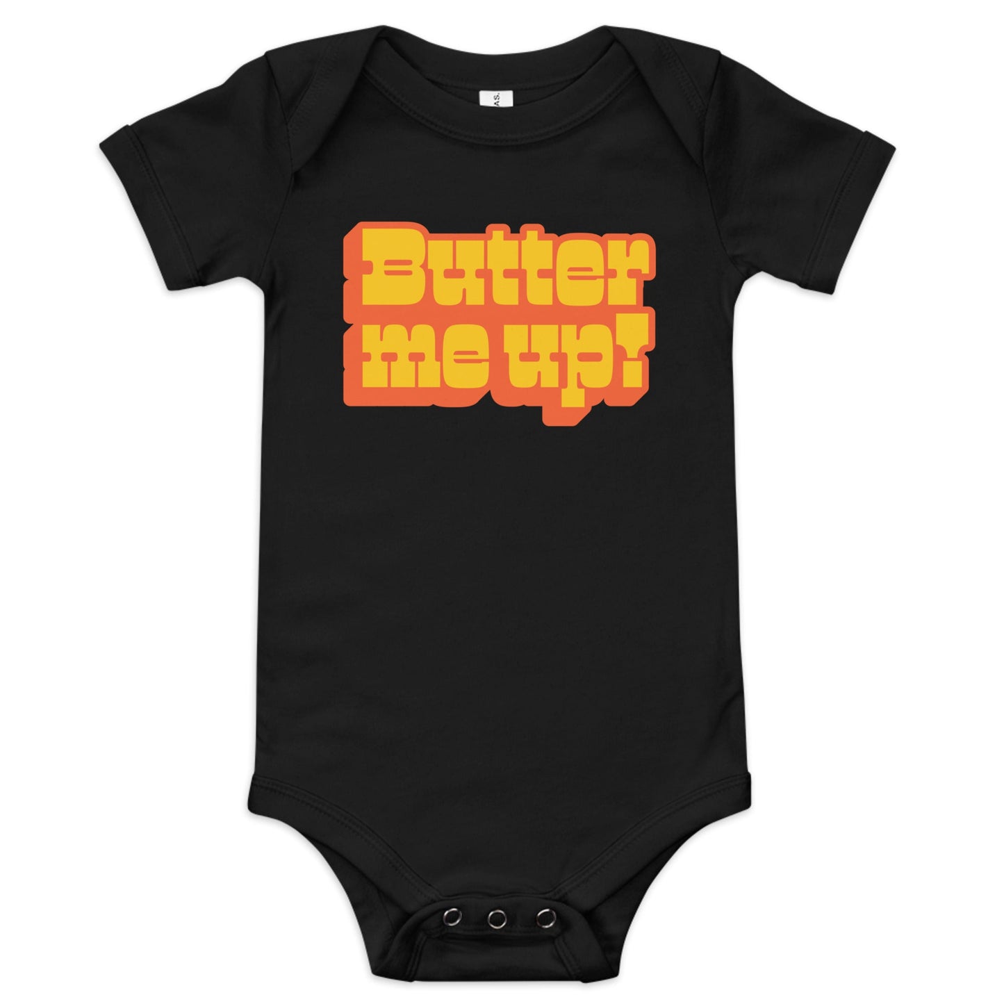 Chunky Deli product image: "Butter Me Up" onesie (100% cotton, black color) laid flat on a white background, showcasing the envelope shoulders, short sleeves, three-snap closure, and the text "Butter Me Up" printed in orange and red across the chest.