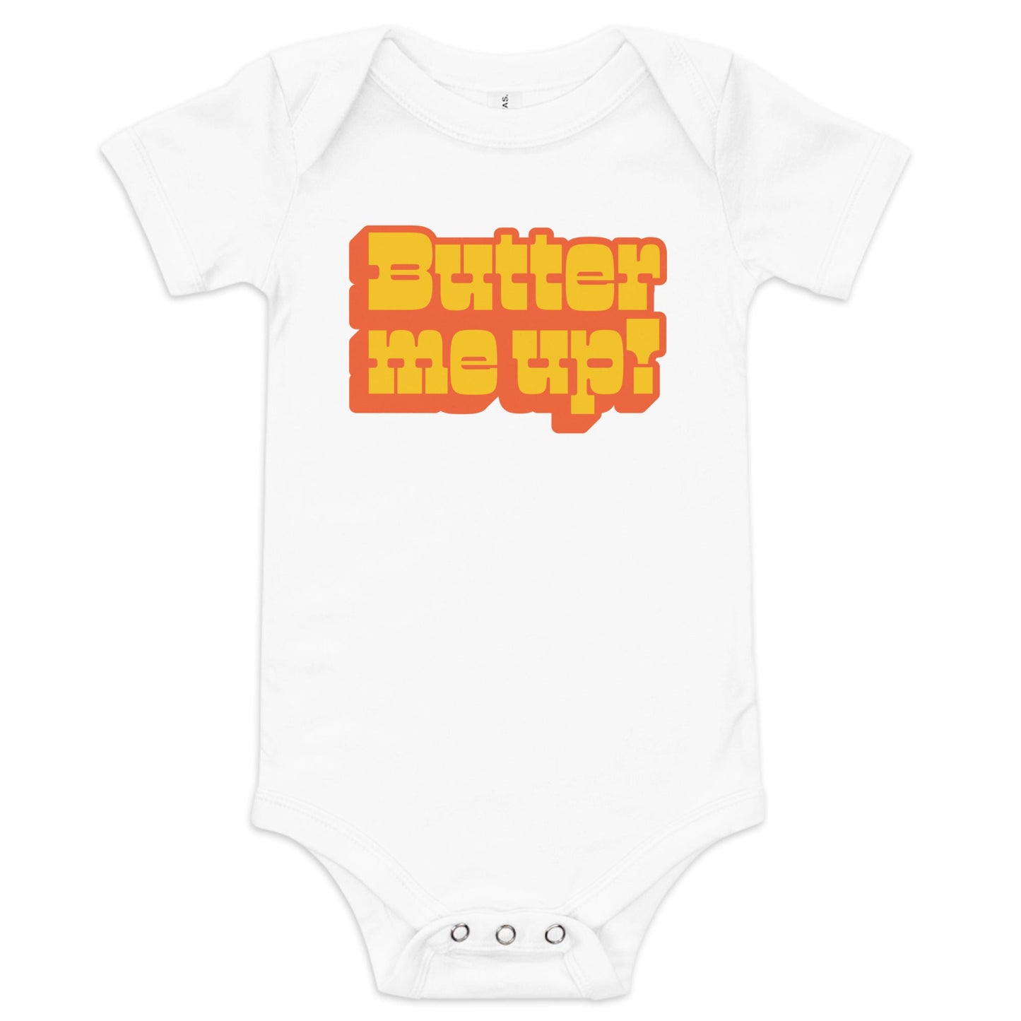 Chunky Deli product image: "Butter Me Up" onesie (100% cotton, natural color) laid flat on a white background, showcasing the envelope shoulders, short sleeves, three-snap closure, and the text "Butter Me Up" printed in orange and red across the chest.