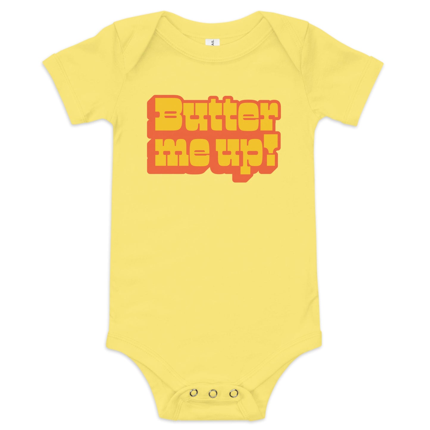 Chunky Deli product image: "Butter Me Up" onesie (100% cotton, yellow color) laid flat on a white background, showcasing the envelope shoulders, short sleeves, three-snap closure, and the text "Butter Me Up" printed in orange and red across the chest.
