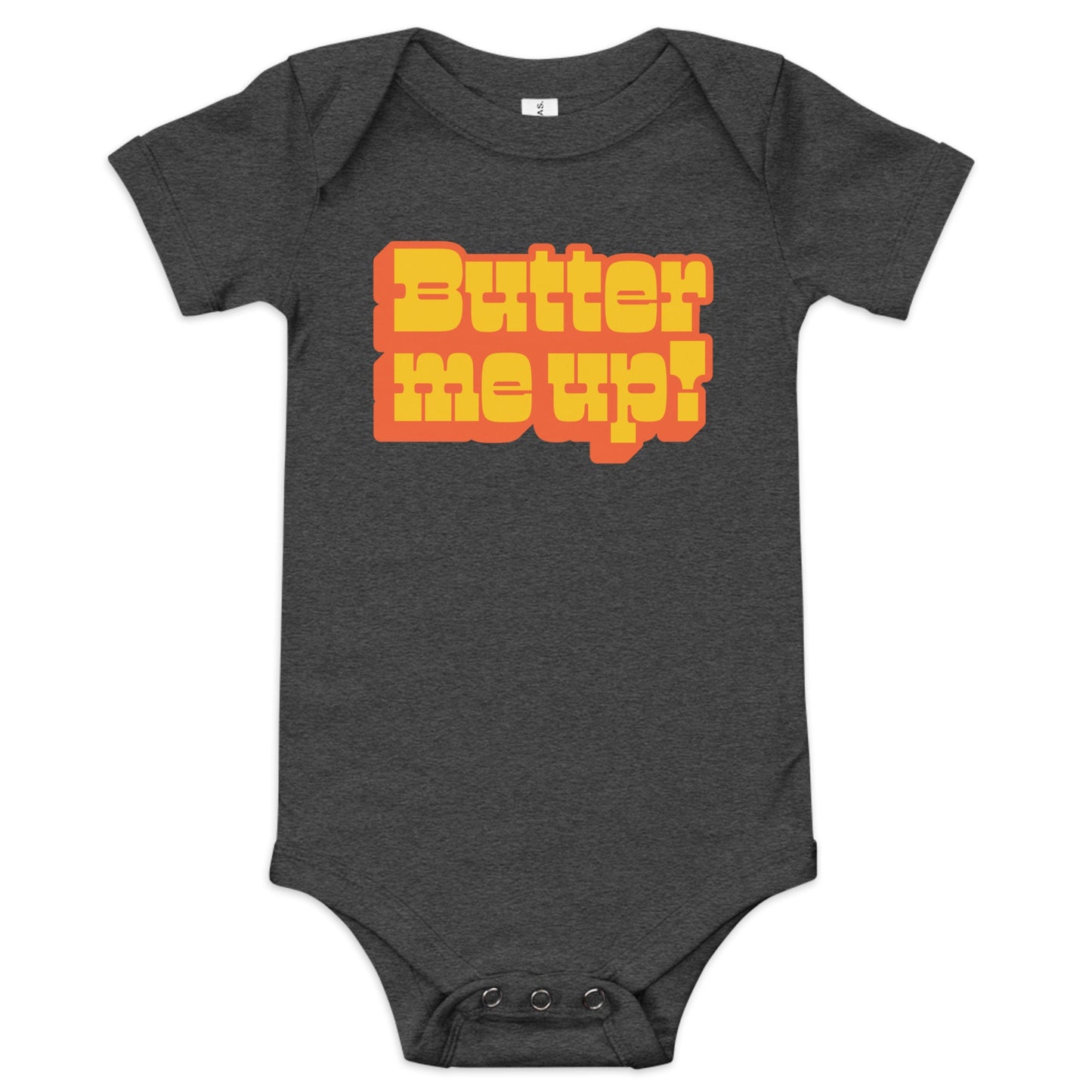 Chunky Deli product image: "Butter Me Up" onesie (100% cotton, black color) laid flat on a white background, showcasing the envelope shoulders, short sleeves, three-snap closure, and the text "Butter Me Up" printed in orange and red across the chest.