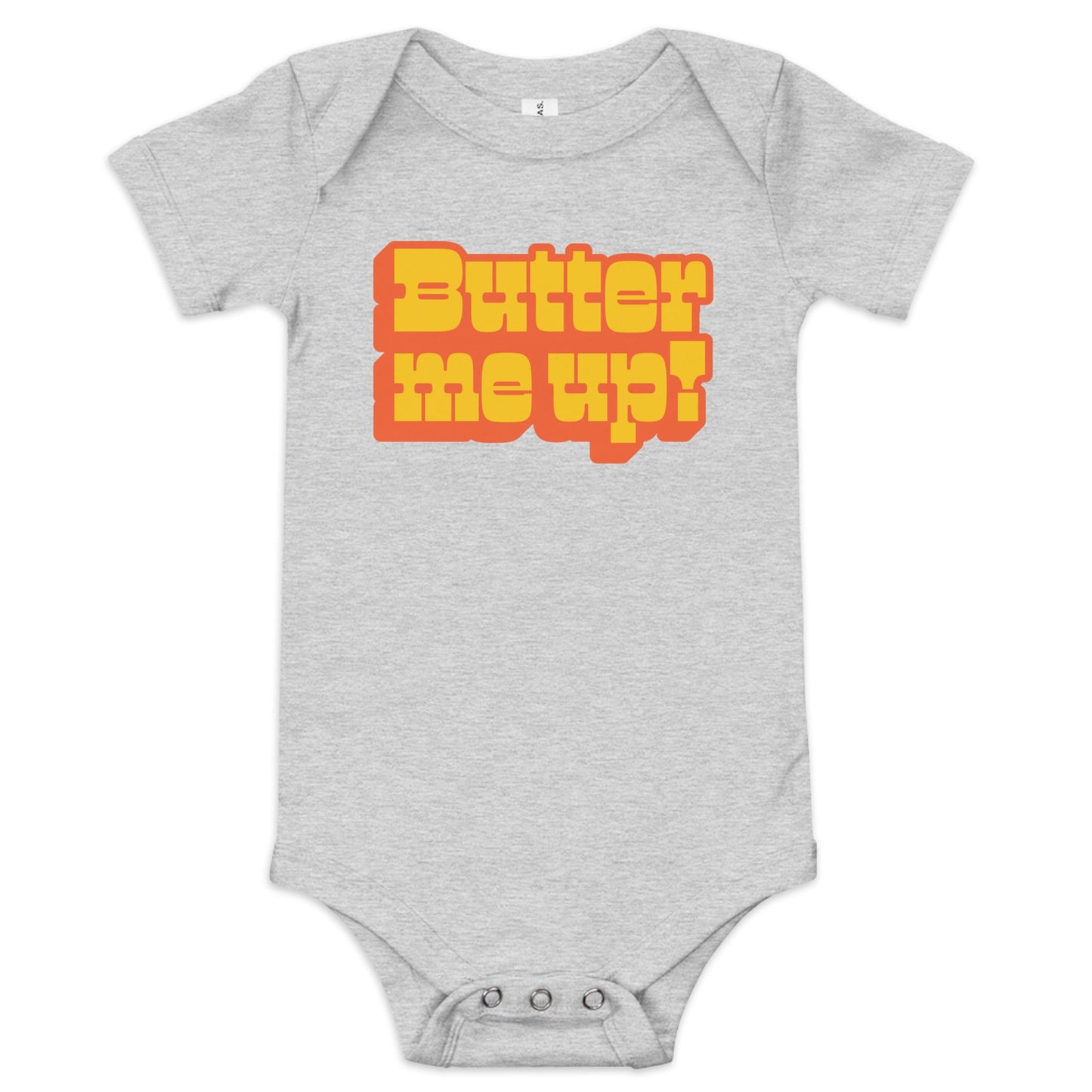Chunky Deli product image: "Butter Me Up" onesie (100% cotton, grey color) laid flat on a white background, showcasing the envelope shoulders, short sleeves, three-snap closure, and the text "Butter Me Up" printed in orange and red across the chest.