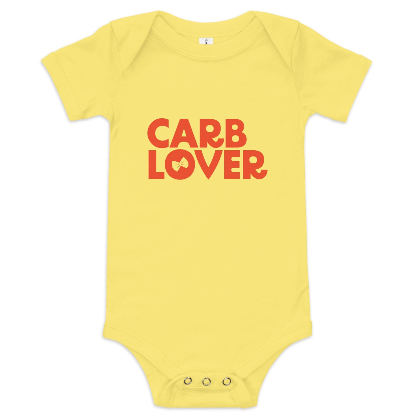 Chunky Deli product image: Yellow-colored "Carb Lover" onesie, 100% cotton with envelope shoulders and three-snap closure, laid flat on a white background.
