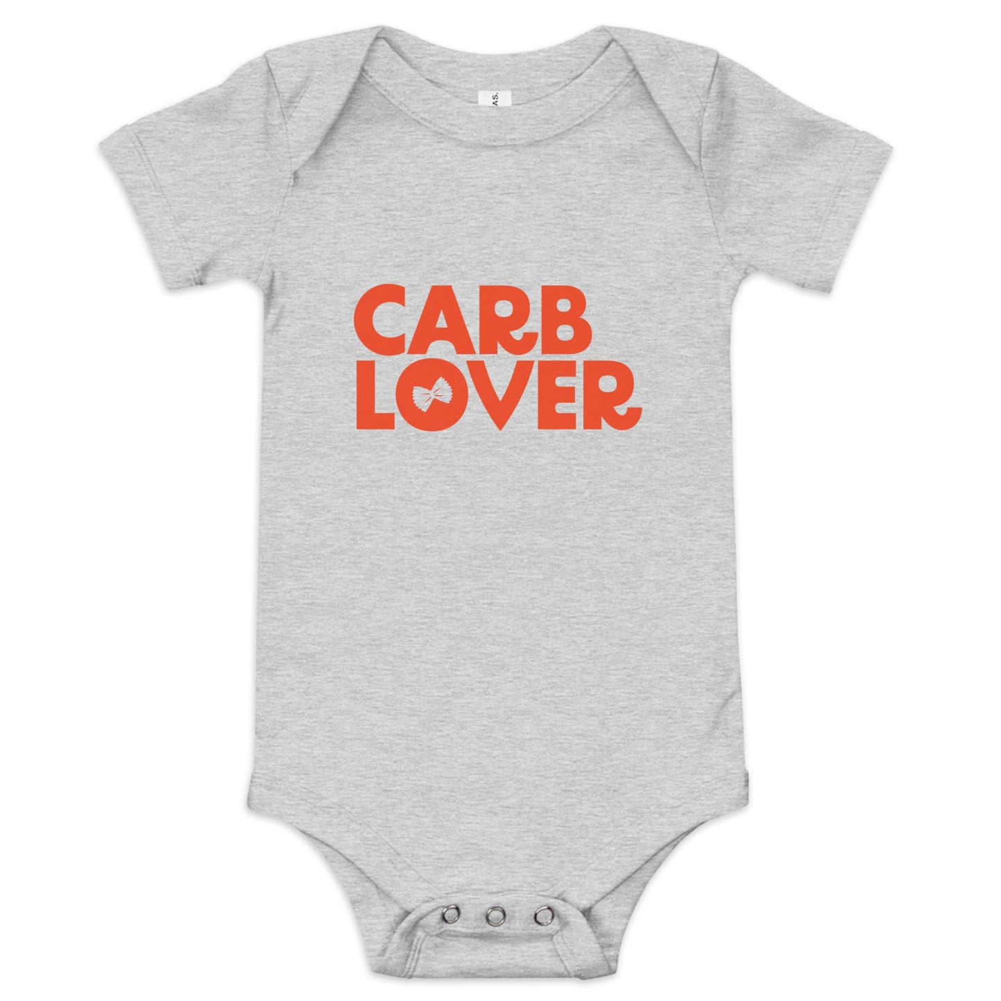 Chunky Deli product image: Grey-colored "Carb Lover" onesie, 100% cotton with envelope shoulders and three-snap closure, laid flat on a white background.