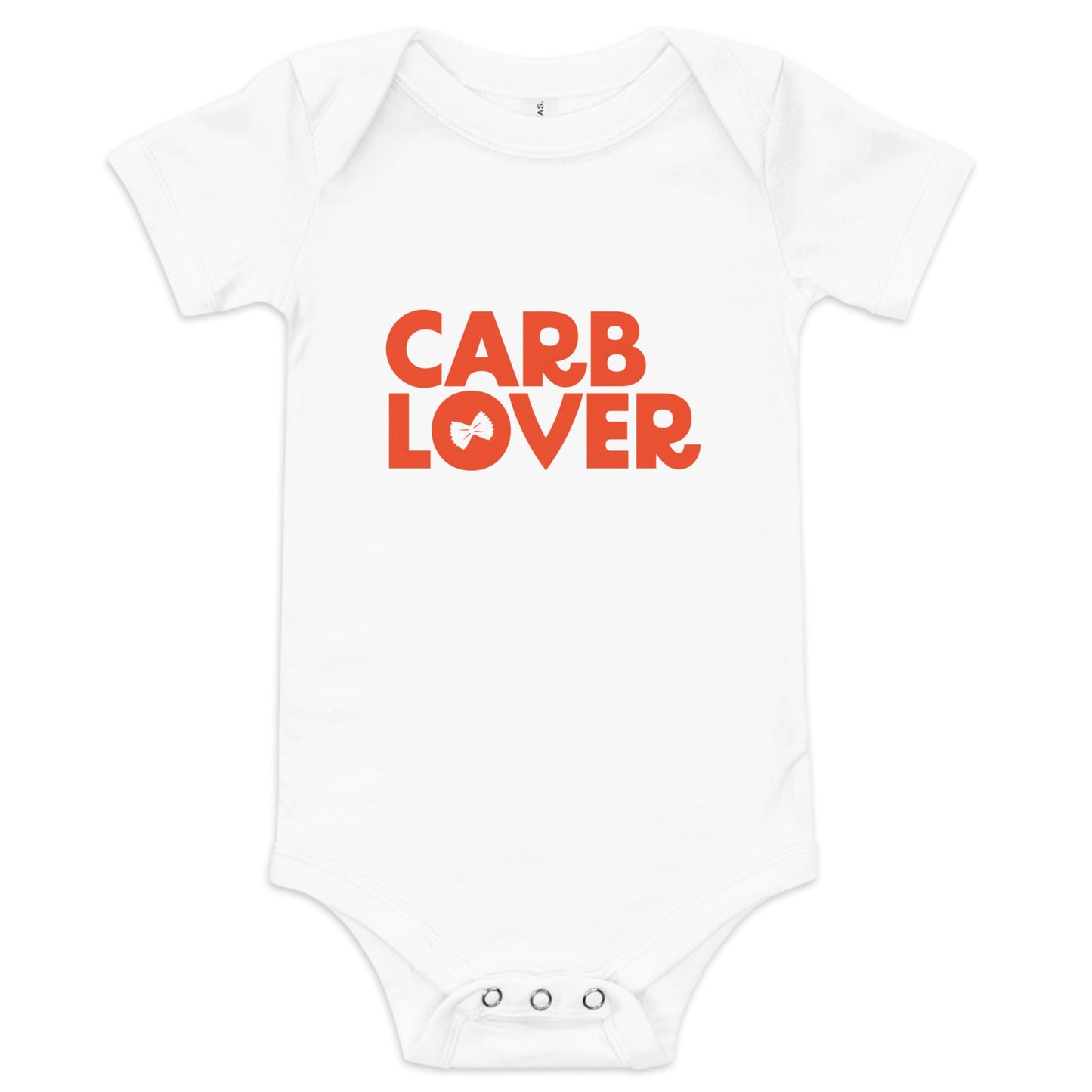 Chunky Deli product image: Natural-colored "Carb Lover" onesie, 100% cotton with envelope shoulders and three-snap closure, laid flat on a white background.