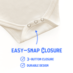 Close-up of a natural-colored baby bodysuit showing the three-snap closure at the bottom. Text reads "Easy Snap Closure," with checkboxes for "Three Button Closure" and "Durable Design," and an arrow pointing to the snaps. Chunky Deli product image