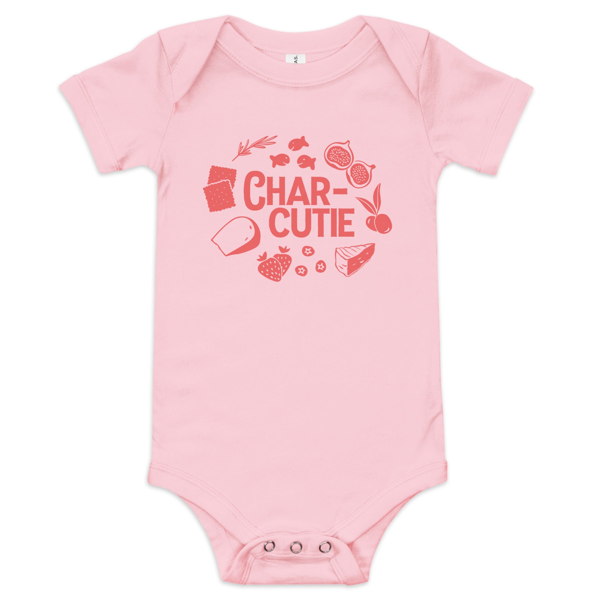 Chunky Deli product image: Pink-colored "Charcutie" bodysuit, 100% cotton with envelope shoulders and three-snap closure, laid flat on a white background.