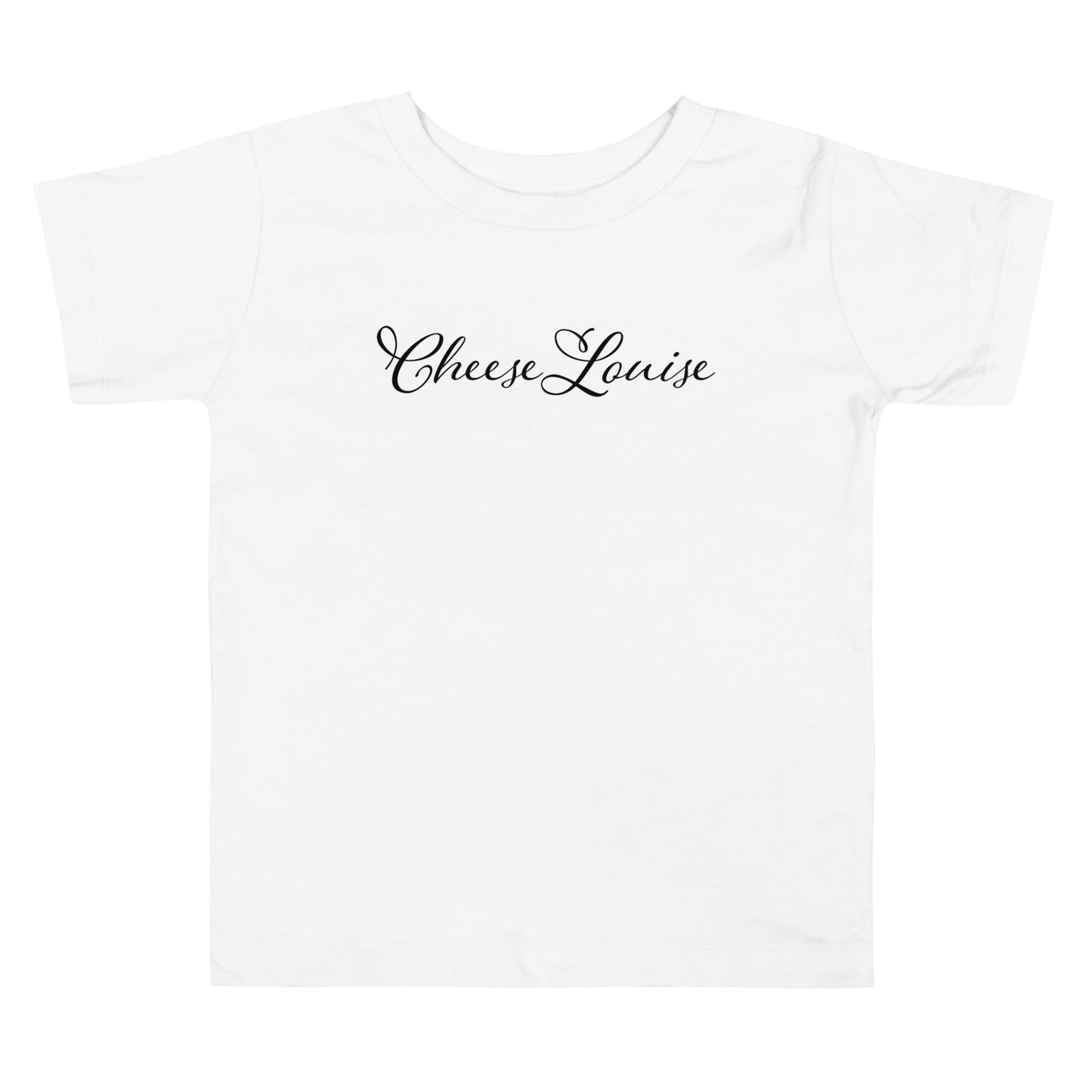 Chunky Deli product image: White short-sleeved kids' and toddler t-shirt with the text "Cheese Louise" in cursive font across the chest, laid flat on a white background.