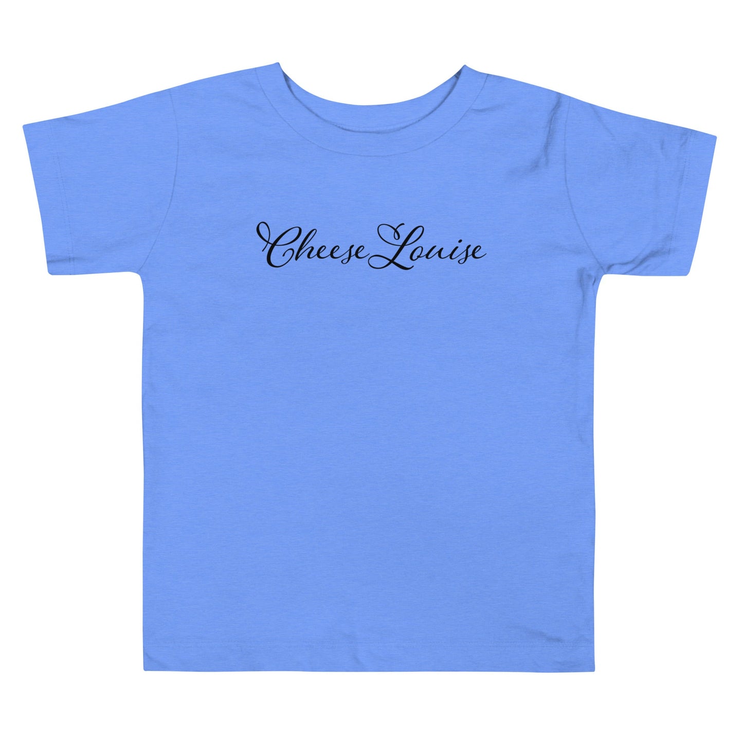 Chunky Deli product image: Blue short-sleeved kids' and toddler t-shirt with the text "Cheese Louise" in cursive font across the chest, laid flat on a white background.