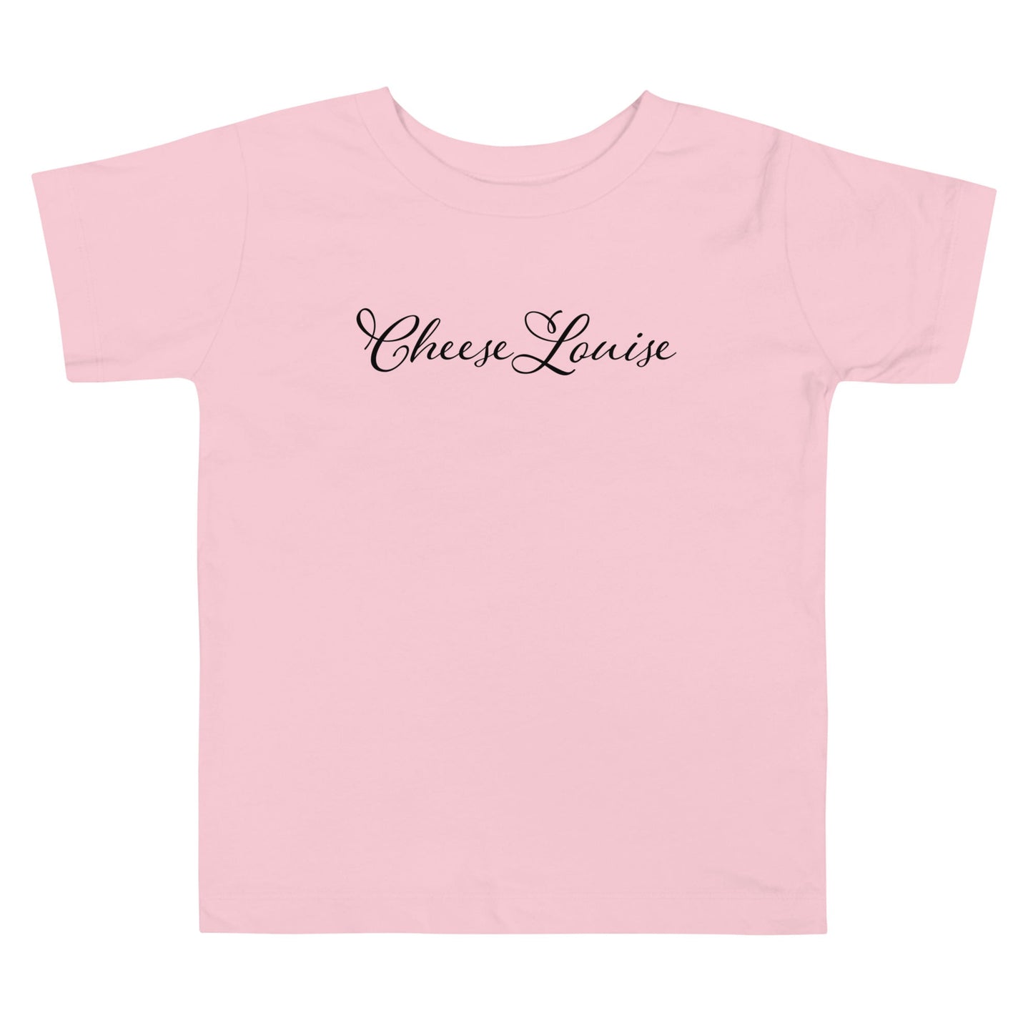 Chunky Deli product image: Pink short-sleeved kids' and toddler t-shirt with the text "Cheese Louise" in cursive font across the chest, laid flat on a white background.