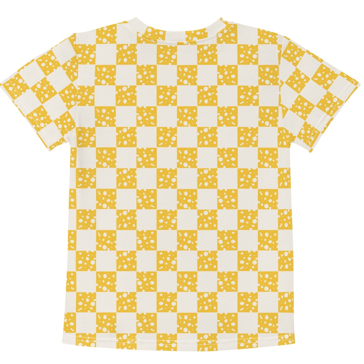 Chunky Deli product image: Kids' and toddler t-shirt with an all-over check mark pattern of yellow cheese illustrations on the front and back. The t-shirt has short sleeves, a crew neck collar, and a unisex cut.