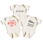 Chunky Deli product image: Three natural-colored baby bodysuit fanned out on a white background, each with a different graphic design: "Charcutie," "Al Dente," and "Petite Frite." All are 100% cotton with three-snap closures and envelope shoulders.