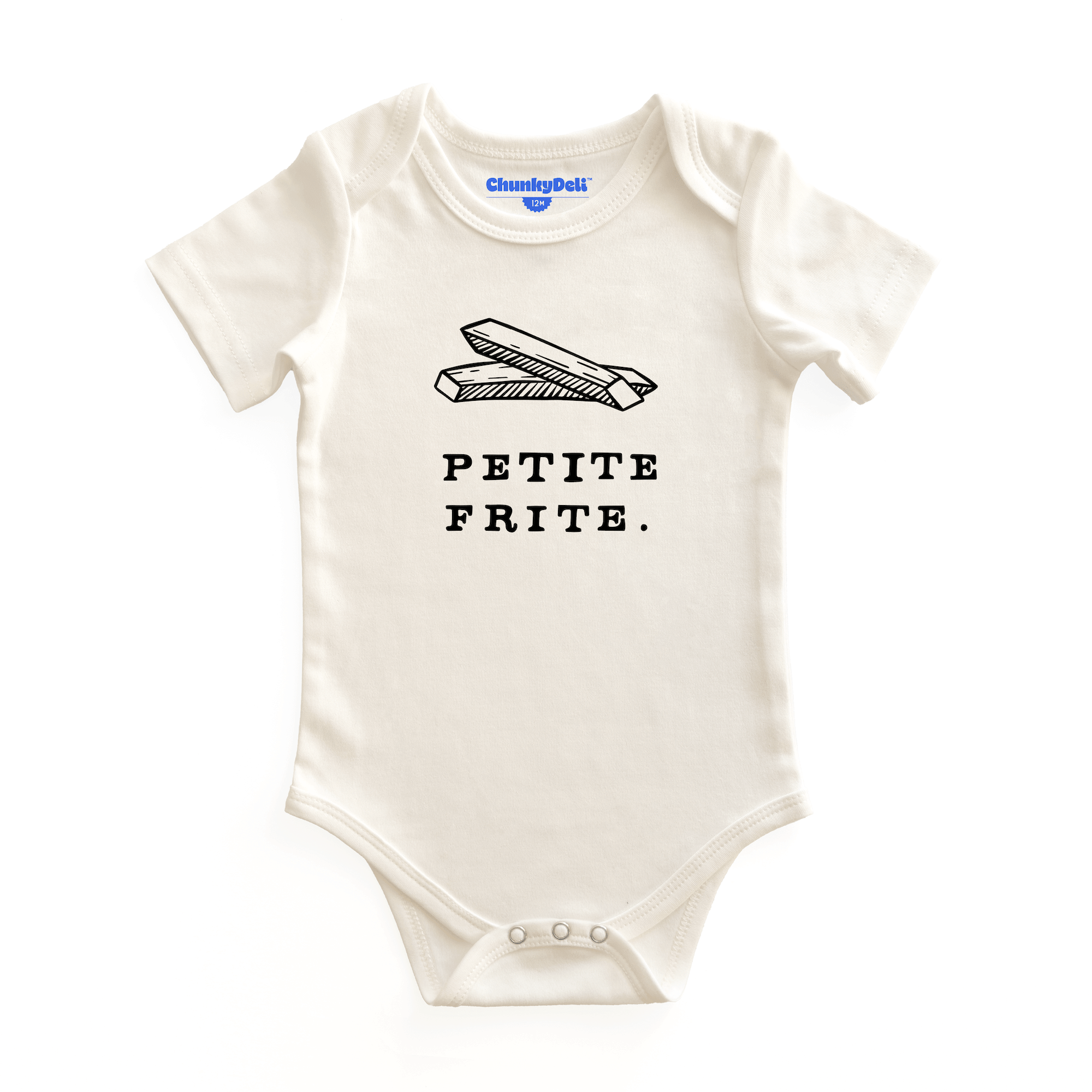 Product display image of the "Petite Frite" baby bodysuit in natural cotton, laid flat on a white background. Chunky Deli product image.