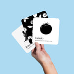 Hand holds up three art cards from the "Garden for Baby" set on a pastel blue background. Tomato, Rosemary & Blueberries.