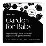 High-angle, straight-on view of the black and white "Garden for Baby" art card set box. High-contrast art cards from Chunky Deli.