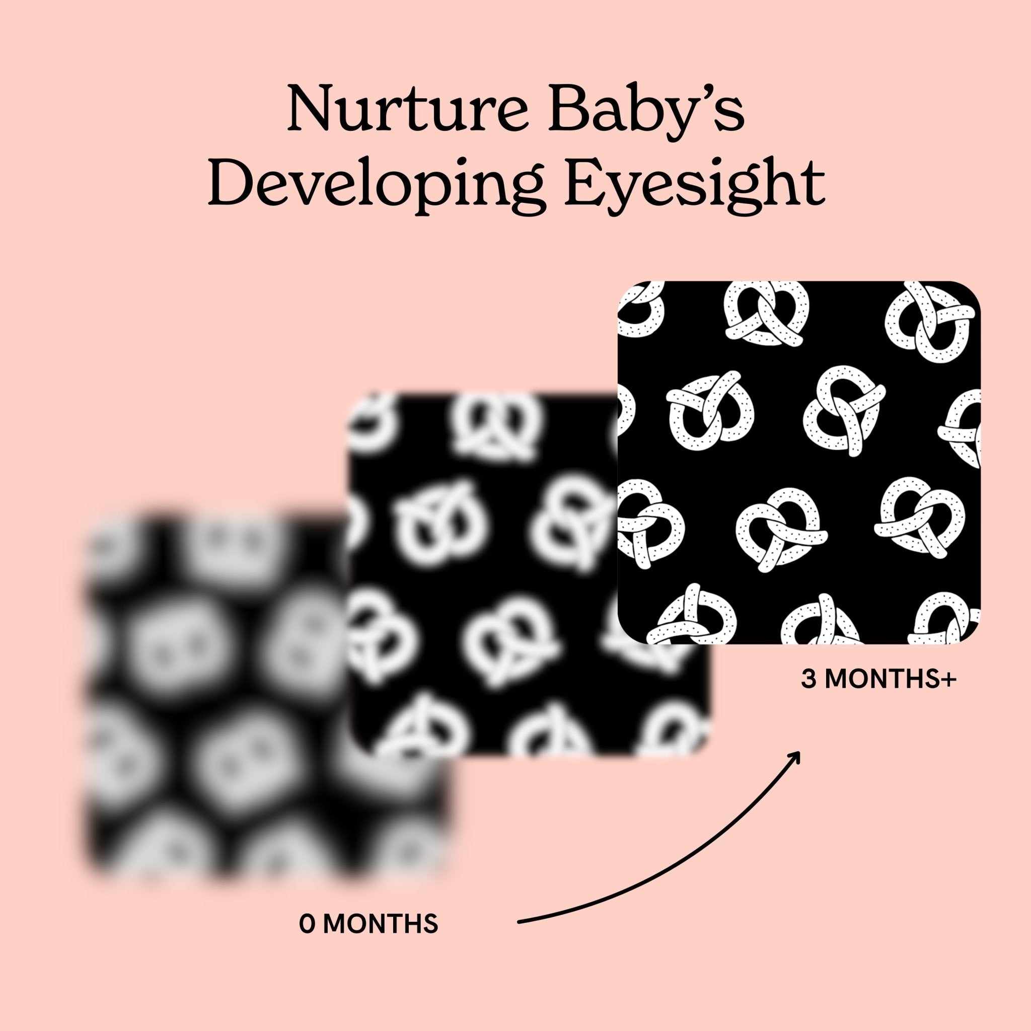 Three-card diagram on a pink background showing the stages of an infant's eyesight at 0, 1, and 3 months featuring Gourmet for Baby art cards.