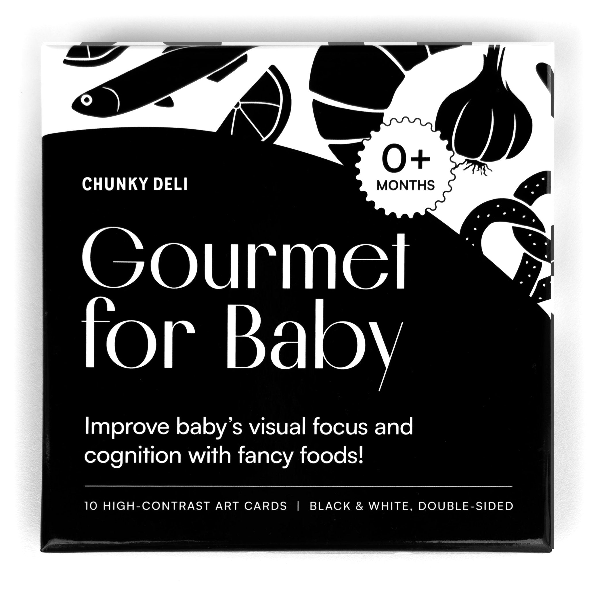 High-angle, straight-on view of the black and white "Gourmet for Baby" art card set box from Chunky Deli.