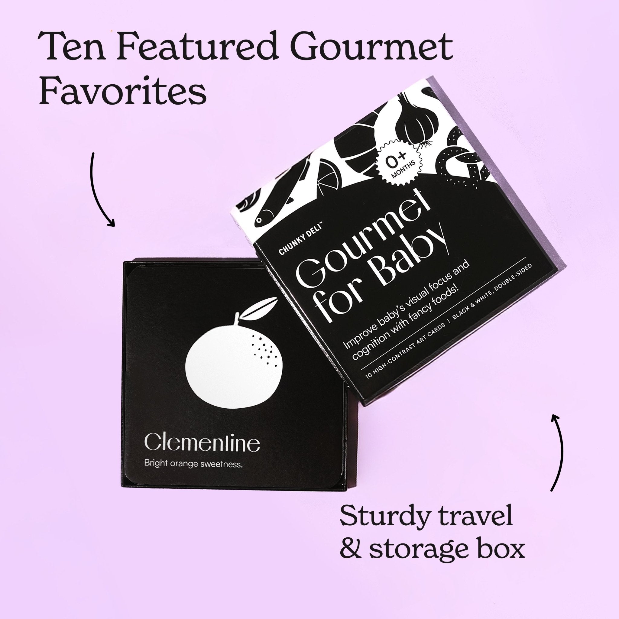 Black and white Gourmet for Baby art card set on a light purple background with two arrows pointing to the cards and box.