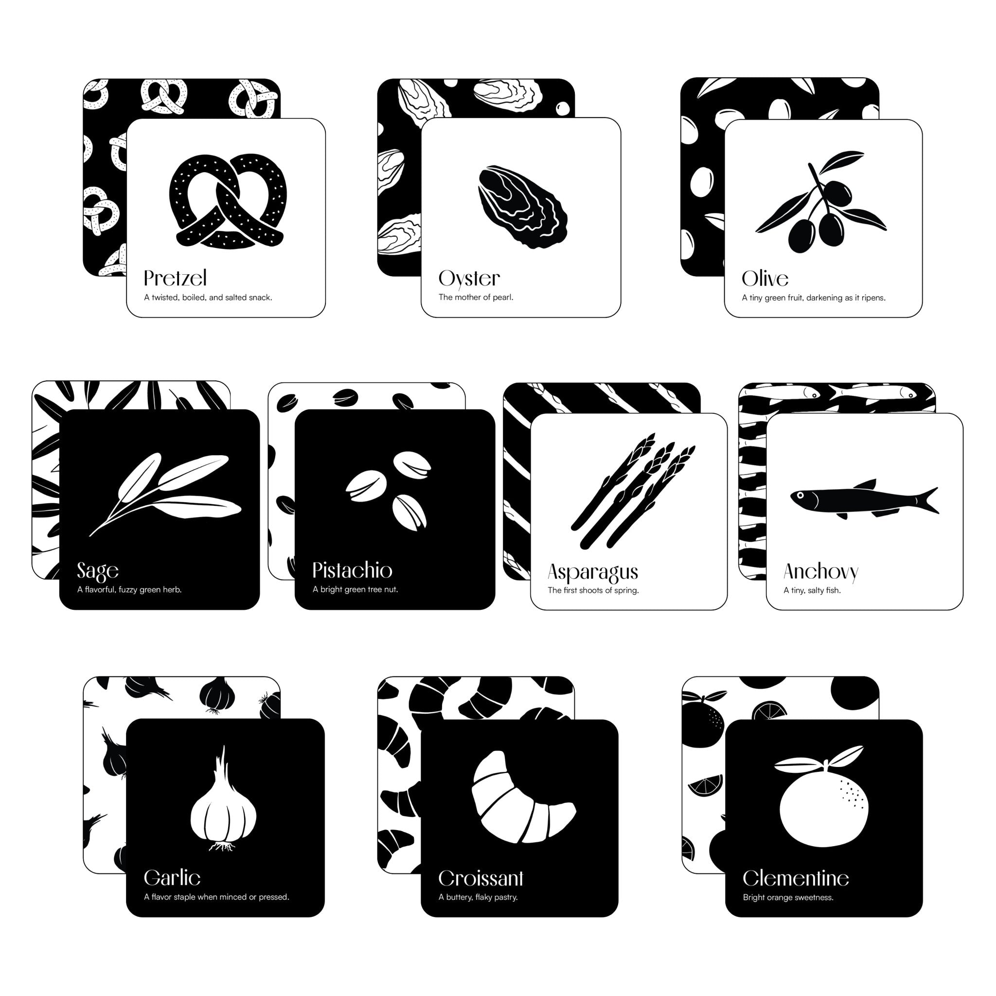 Clean grid of all nine double-sided art cards from the "Gourmet for Baby" set on a white background.
