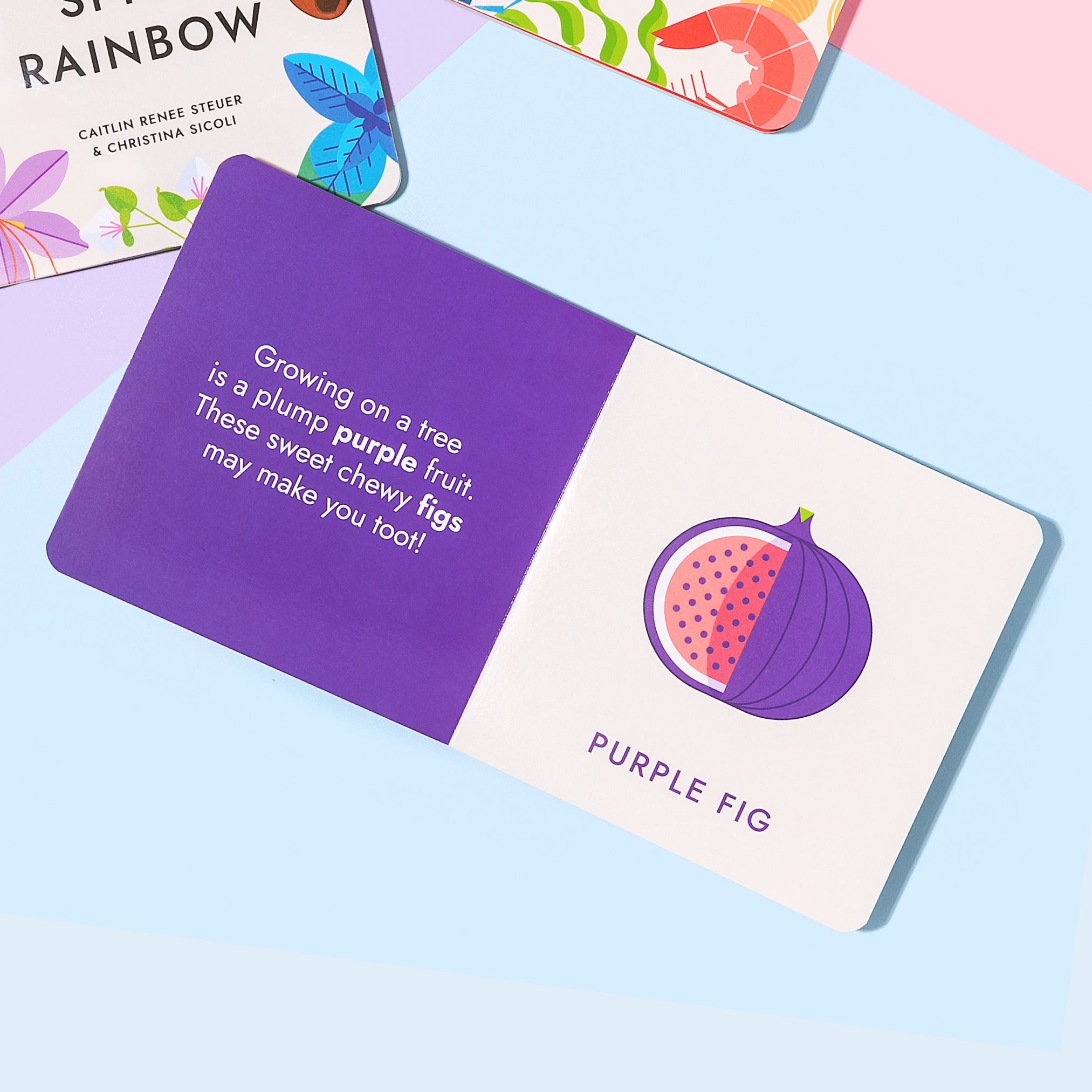 Two hands holding the "Gourmet Rainbow" board book open to a page featuring purple fig on a colorful background. Chunky Deli product image.