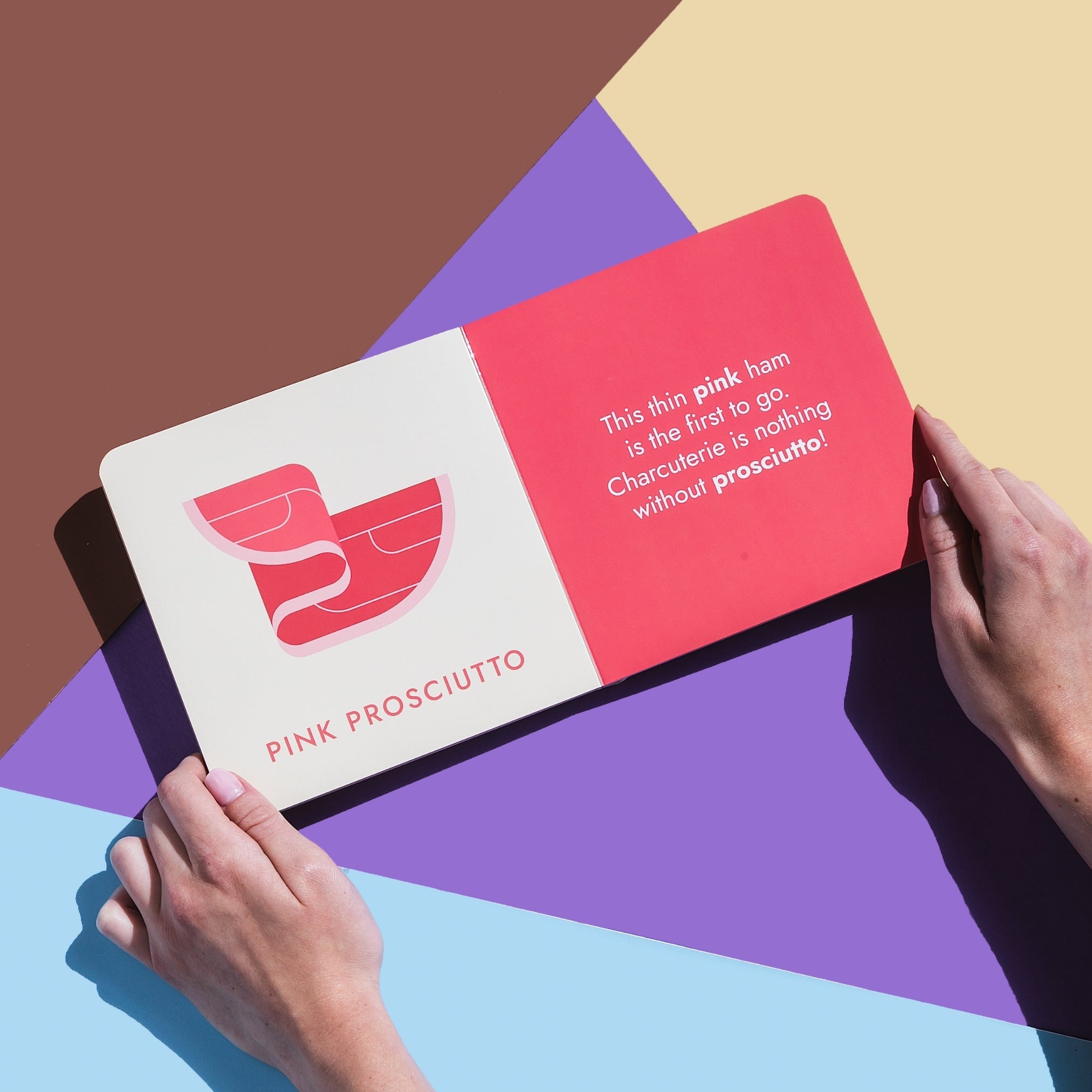 Two hands holding the "Gourmet Rainbow" board book open to a page featuring pink prosciutto on a colorful background. Chunky Deli product image.