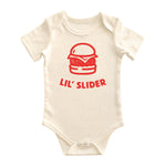 Chunky Deli baby bodysuit made from 100% cotton, short sleeve, beige/natural color featuring a red burger outline graphic with the words 'Lil’ Slider' printed underneath. Includes envelope neckline and snap closure.