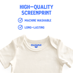 Close-up of a Chunky Deli bodysuit in natural, highlighting the "High Quality Screen Print" and care instructions: "Machine Washable" and "Long-Lasting" with checkboxes. White background. Chunky Deli product photo.
