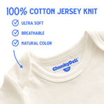 Close-up of a Chunky Deli baby bodysuit in natural cotton, showing the text "100% Jersey Knit Cotton" with a checkbox next to "Ultra Soft" and "Breathable," with an arrow pointing to the fabric. White background, blue text. Chunky Deli product photo.