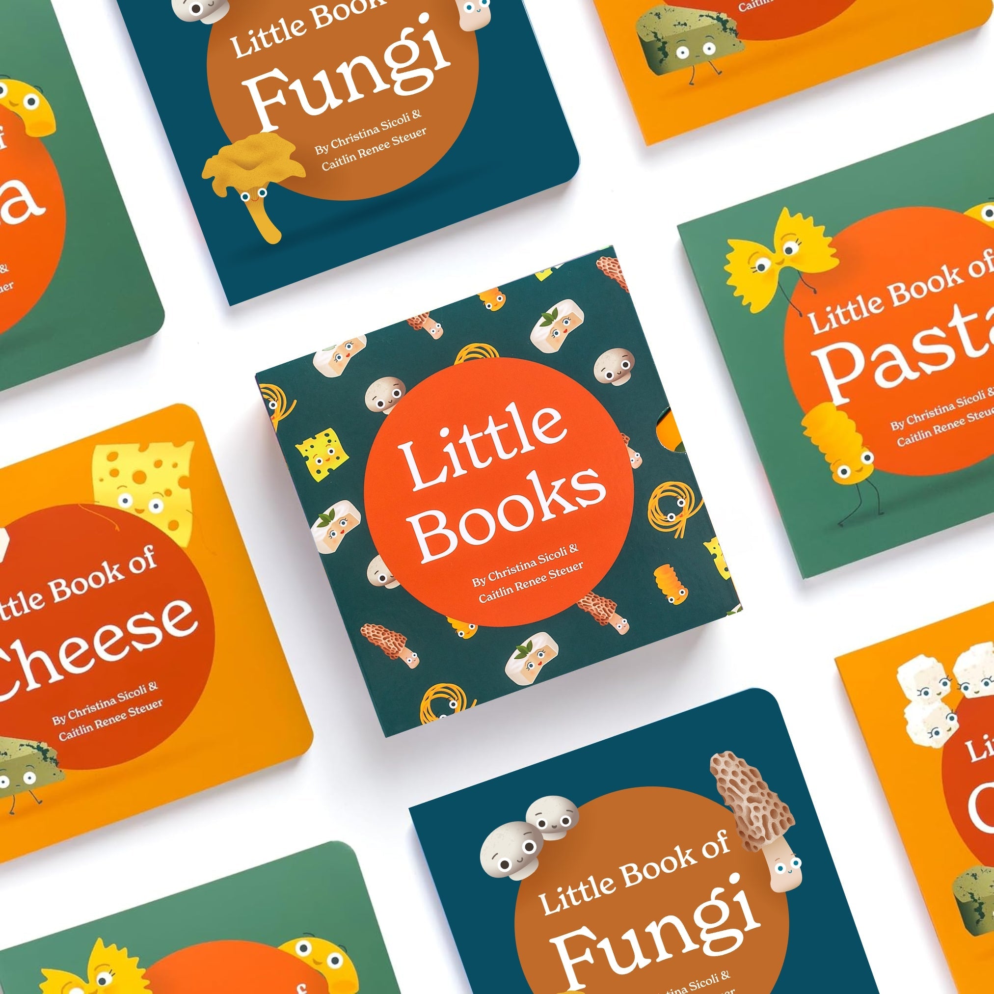 Display of 3 books, in the tasty collection, including "Little Book of Pasta", "Little Book of Fungi", and "Little Book of Cheese" on a white background.