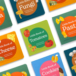 Display of 9 books, including "Little Book of Pasta", "Little Book of Fungi", "Little Book of Cookies", "Little Book of Tomatoes" and "Little Book of Cheese" on a white background.