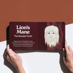 Chunky Deli product image: Open "Little Book of Fungi" displaying an illustrated Lion's Mane mushroom on a brown page, with a hand reaching for it against a white and brown background.