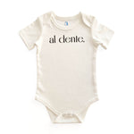 Product display image of the "Al Dente" baby bodysuit in natural cotton, laid flat on a white background. Chunky Deli product image.