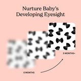 Three-card diagram on a pink background showing the stages of an infant's eyesight at 0, 1, and 3 months, featuring art cards from Pasta for Baby created by Chunky Deli.