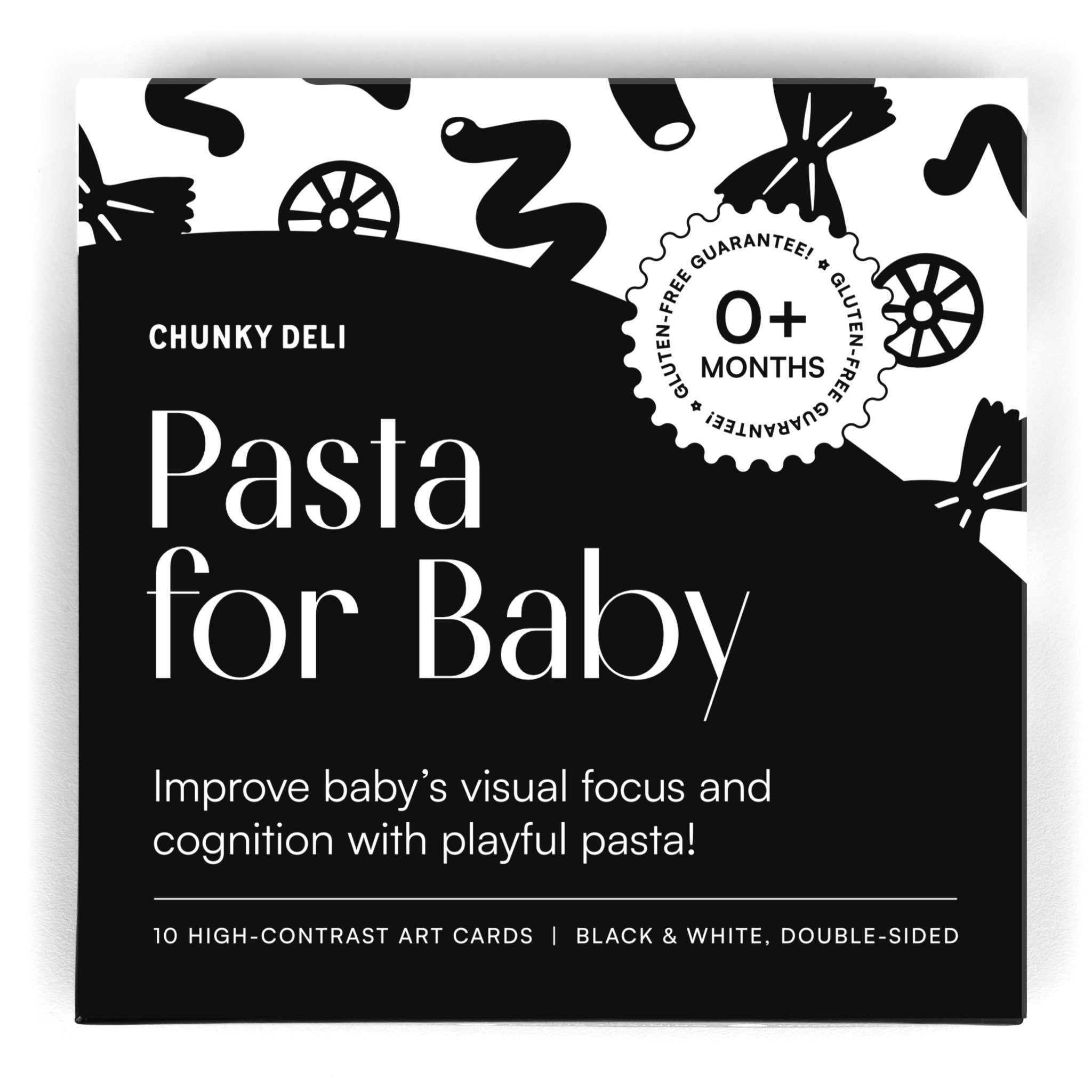 High-angle, straight-on view of the black and white "Pasta for Baby" art card set box. High-contrast art cards from Chunky Deli.
