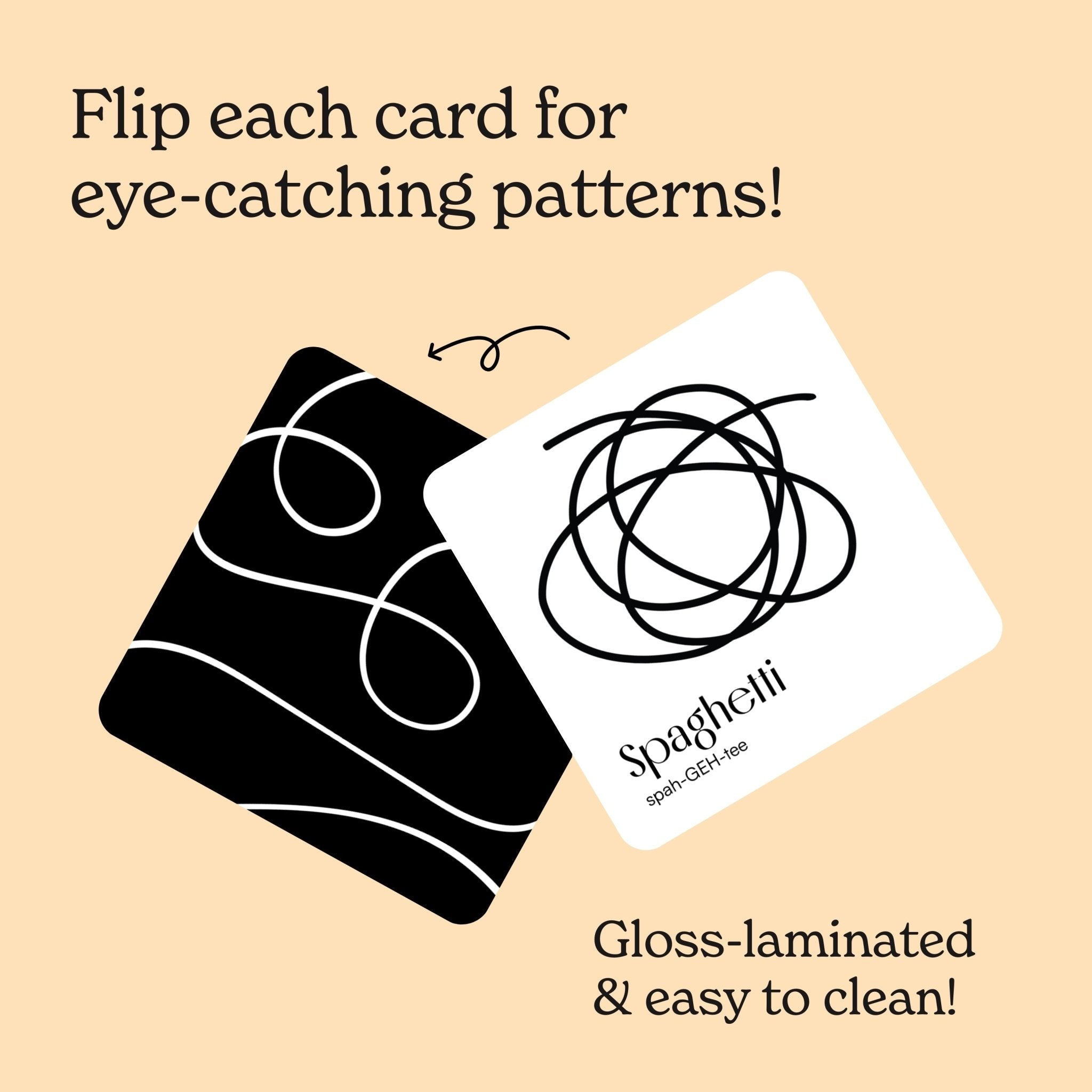 Front and back view of a spaghetti card from the "Pasta for Baby" set on a light yellow background.