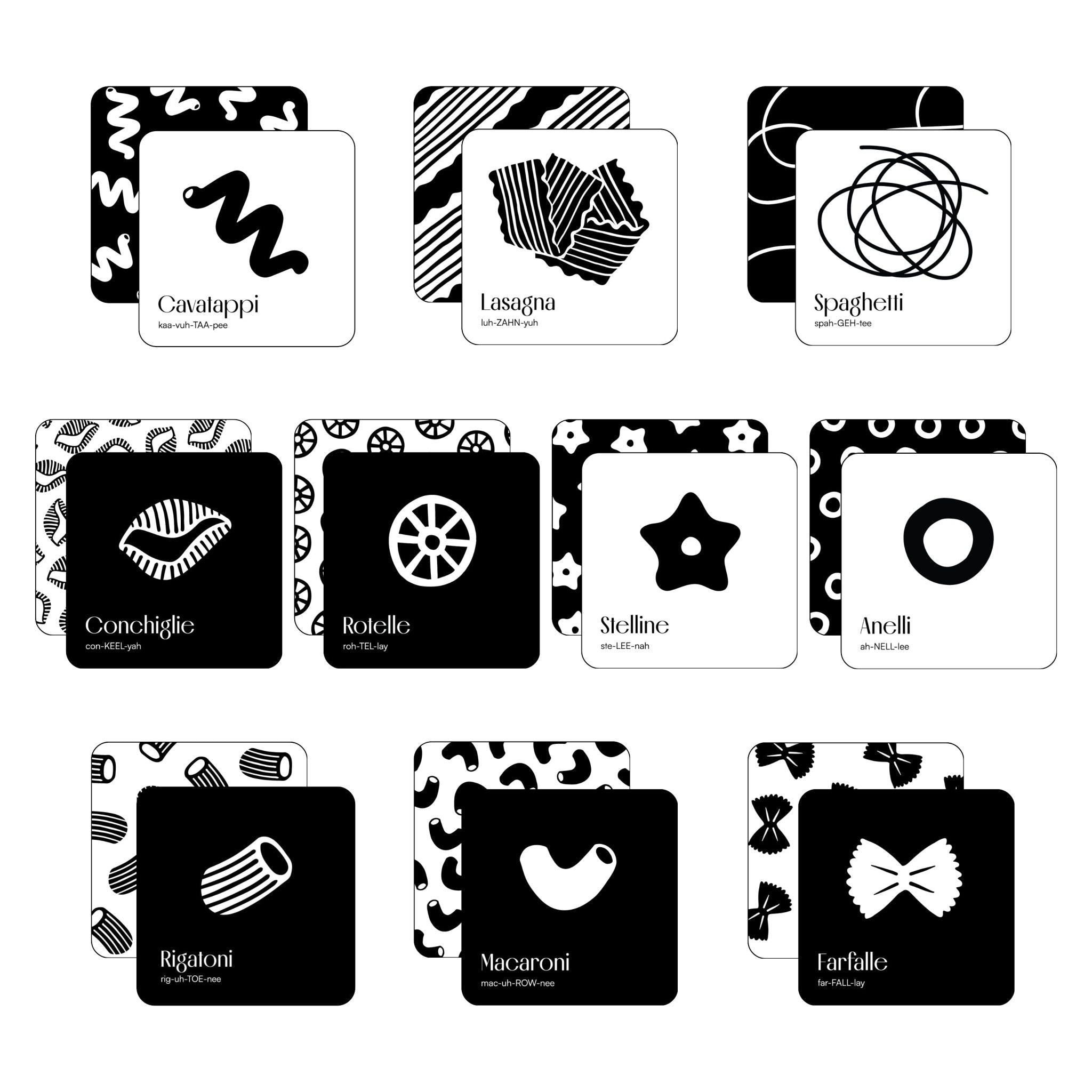 Clean grid of all nine double-sided art cards from the "Pasta for Baby" set on a white background.
