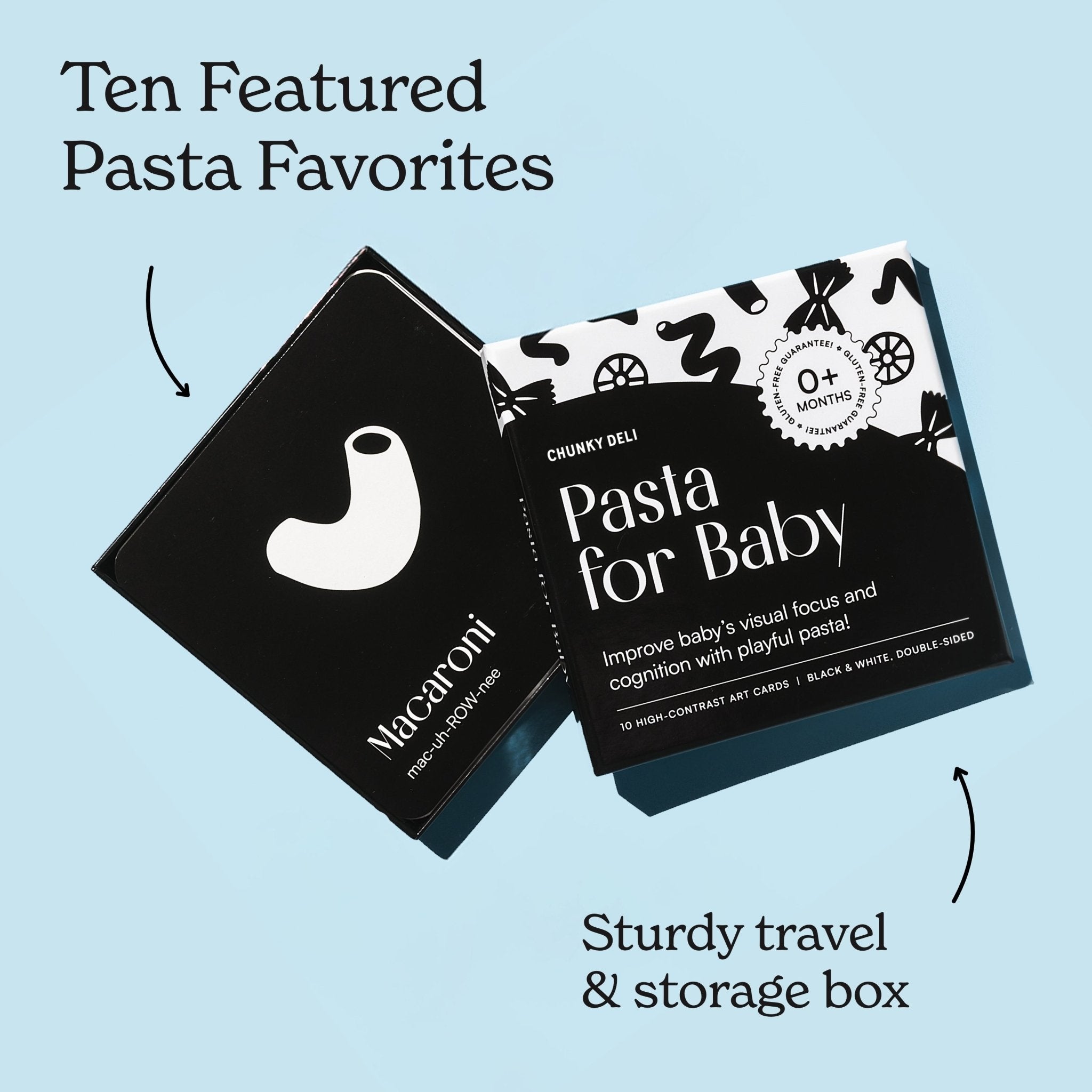Black and white art card set on a mint blue background with two arrows pointing to the cards and box, highlighting the features of Pasta for Baby by Chunky Deli.