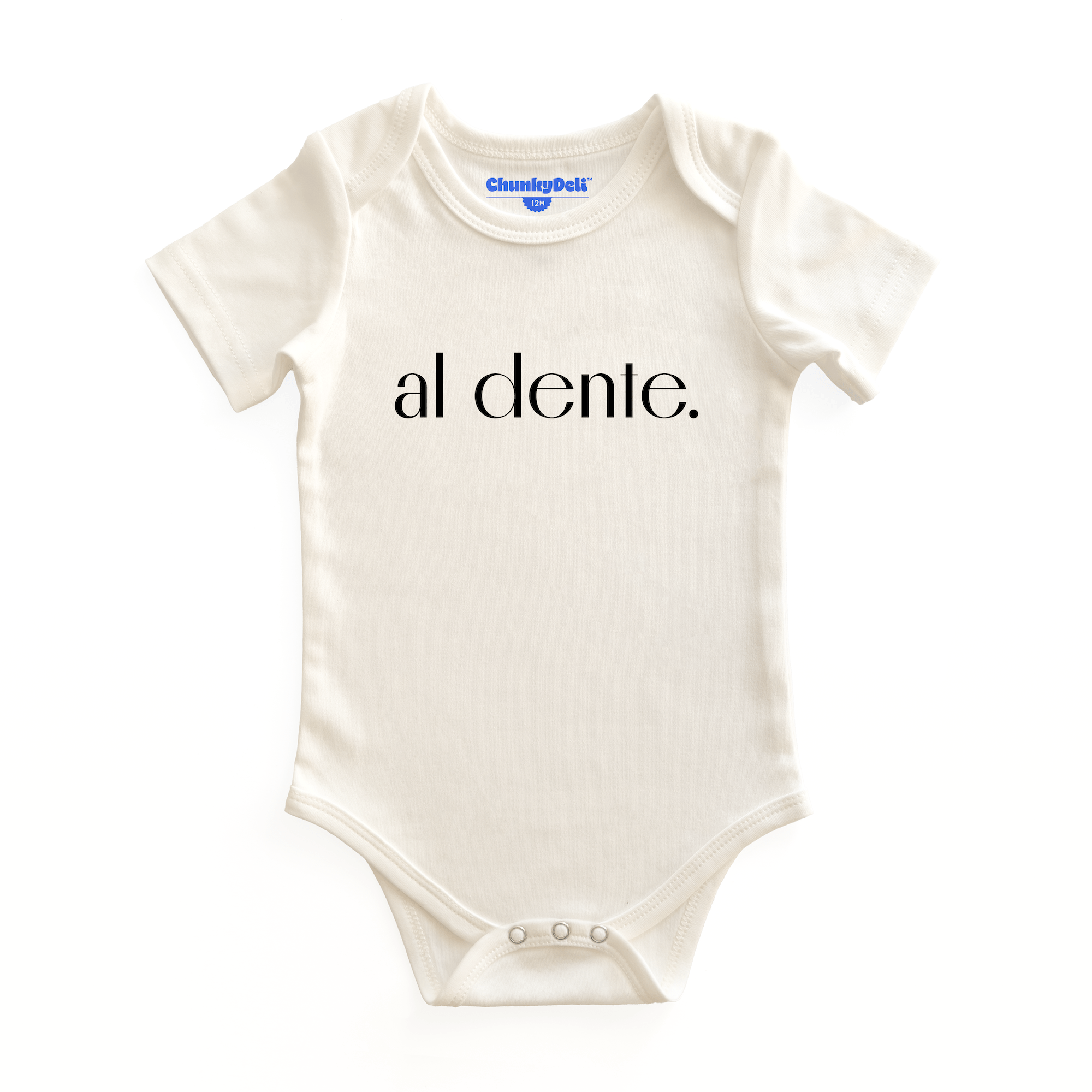 Product display image of the "Al Dente" baby bodysuit in natural cotton, laid flat on a white background. Chunky Deli product image.