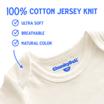 Close-up of a Chunky Deli baby bodysuit in natural cotton, showing the text "100% Jersey Knit Cotton" with a checkbox next to "Ultra Soft" and "Breathable," with an arrow pointing to the fabric. White background, blue text. Chunky Deli product photo.