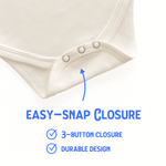 Close-up of a natural-colored baby bodysuit showing the three-snap closure at the bottom. Text reads "Easy Snap Closure," with checkboxes for "Three Button Closure" and "Durable Design," and an arrow pointing to the snaps. Chunky Deli product image.