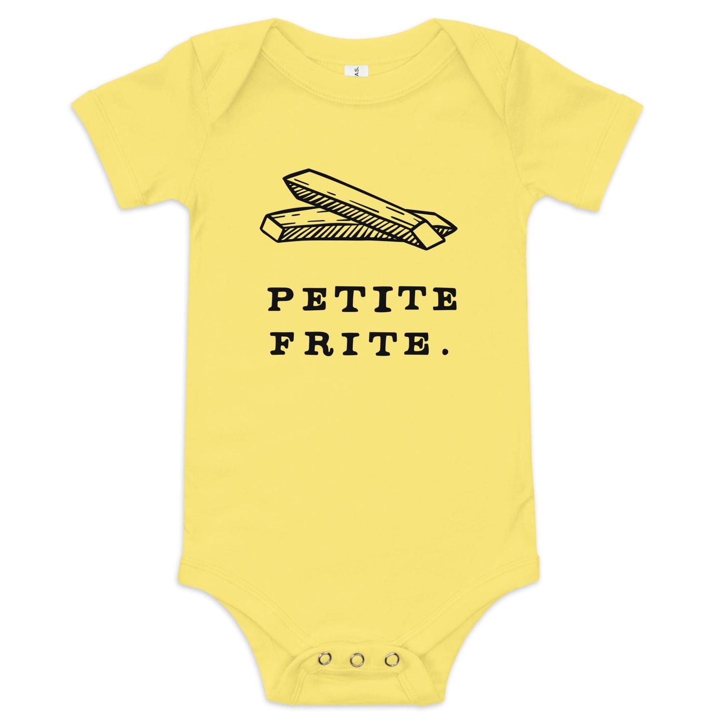 Product display image of the "Petite Frite" baby onesie in yellow cotton, laid flat on a white background. Chunky Deli product image.