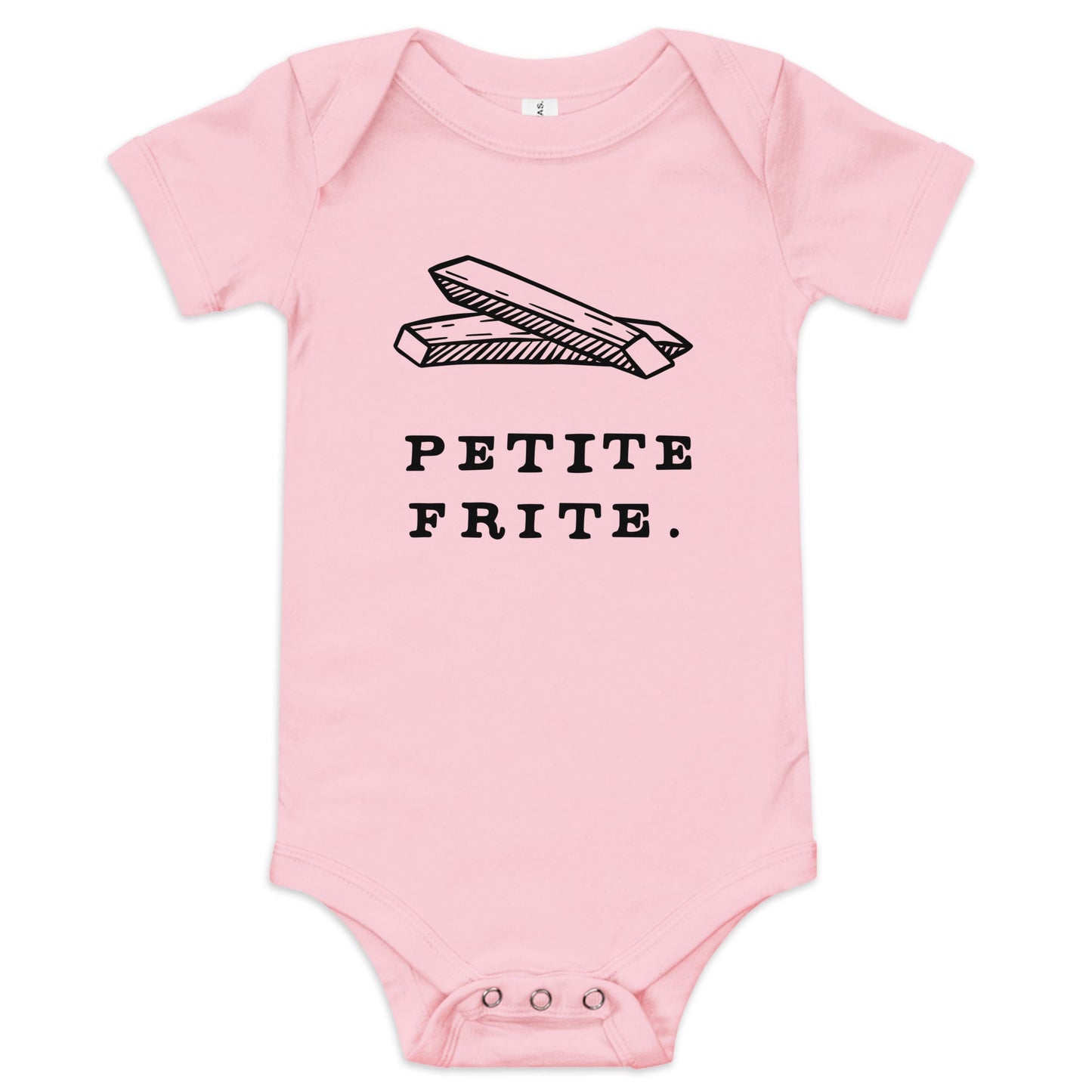 Product display image of the "Petite Frite" baby onesie in pink cotton, laid flat on a white background. Chunky Deli product image.