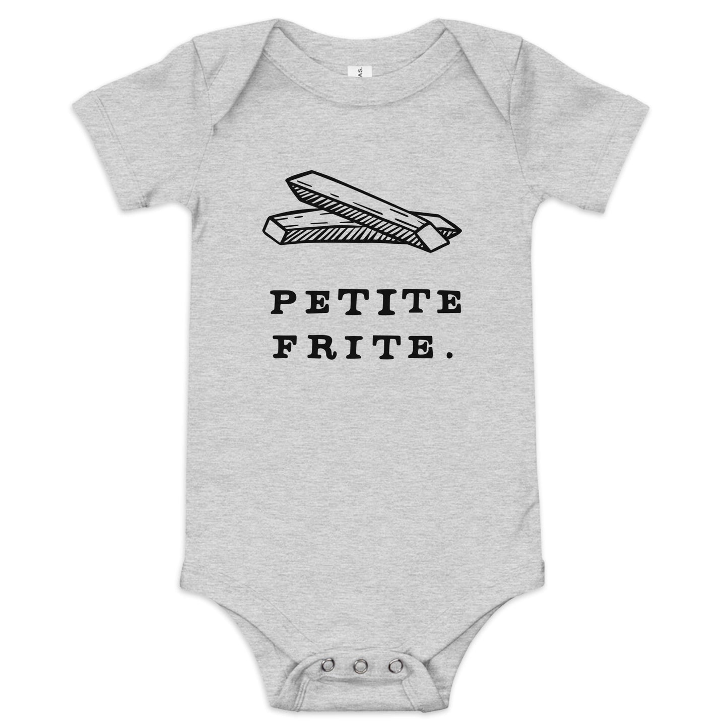 Product display image of the "Petite Frite" baby onesie in grey cotton, laid flat on a white background. Chunky Deli product image.