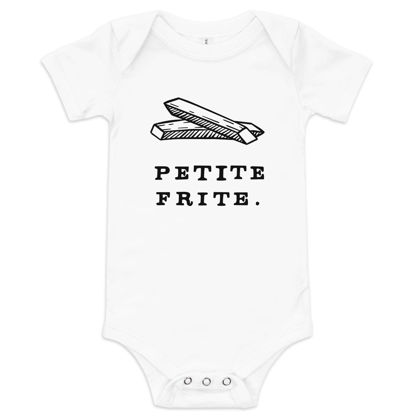 Product display image of the "Petite Frite" baby onesie in natural cotton, laid flat on a white background. Chunky Deli product image.
