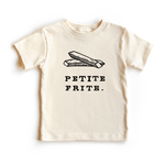 Chunky Deli product image: Toddler tee in 100% cotton, short sleeve, beige/natural color. Features a graphic illustration of fries with the text "Petite Frite" underneath, centered on the chest.