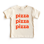 Chunky Deli product image: Toddler tee in 100% cotton, short sleeve, beige/natural color. Features printed text reading "Pizza Pizza Pizza" in bold orange lettering on the chest