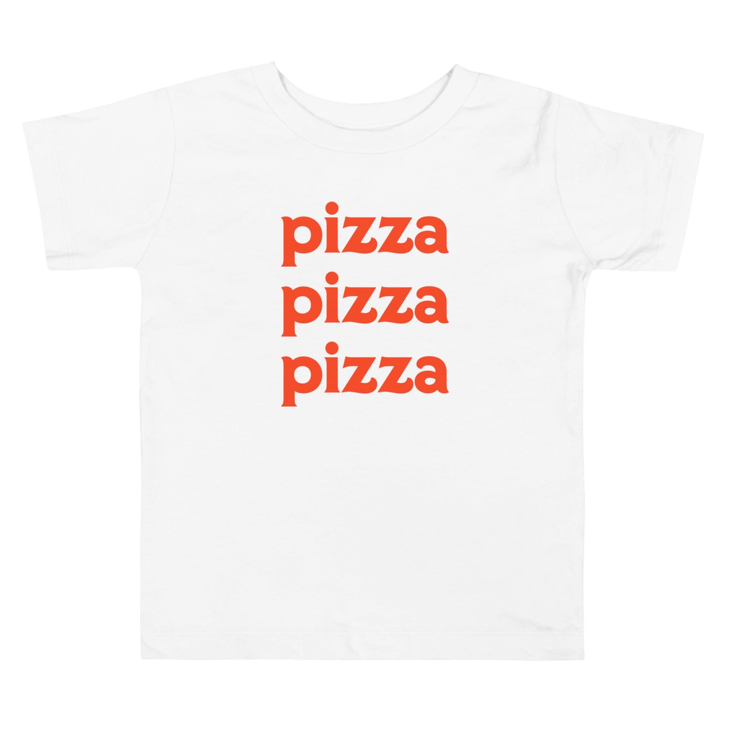 Chunky Deli product image: White short-sleeved kids' and toddler t-shirt with the text "Pizza Pizza Pizza" stacked vertically in orange font on the chest.