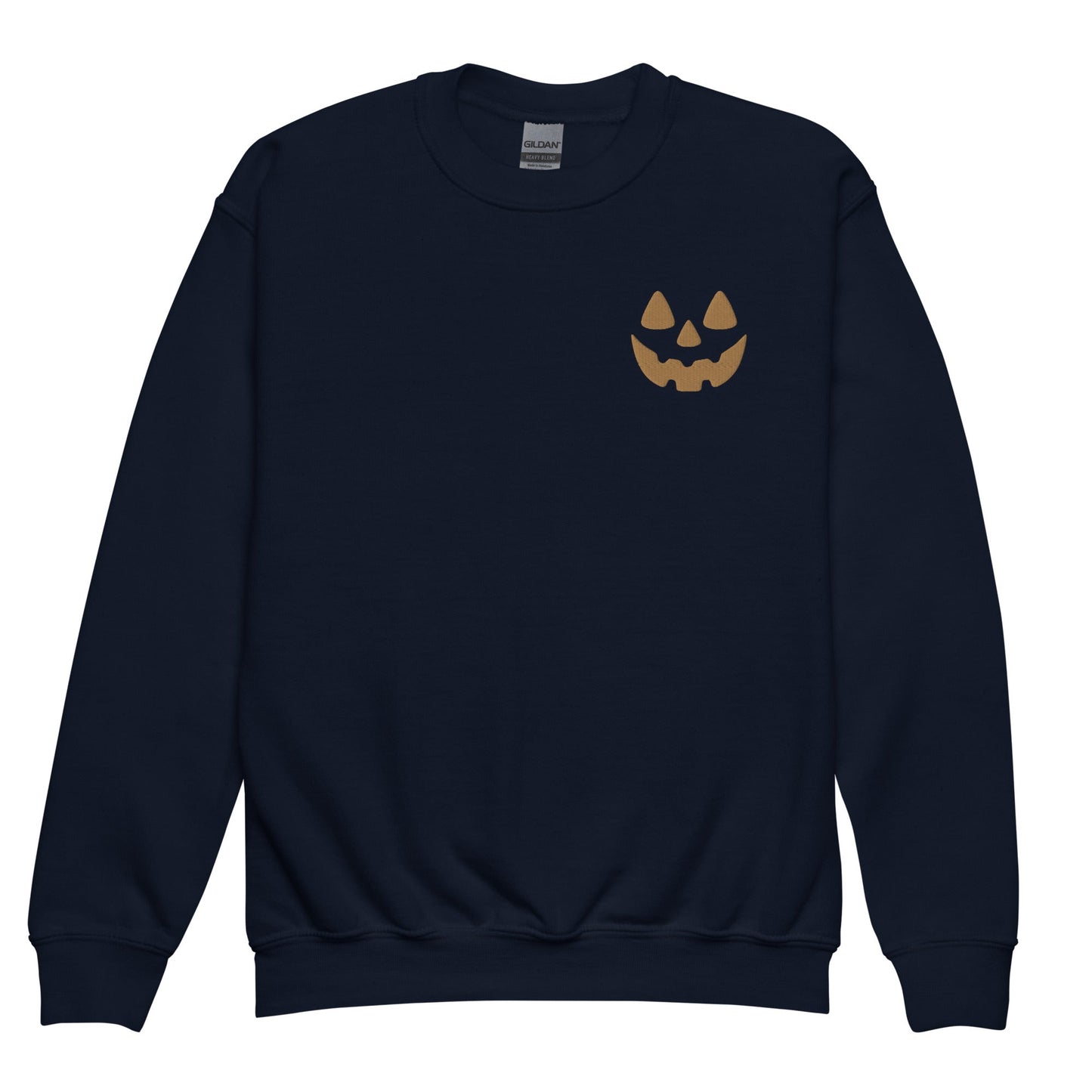 Chunky Deli product photo: Crewneck sweatshirt featuring a jack-o'-lantern face embroidered on the left breast pocket, perfect for fall or Halloween.