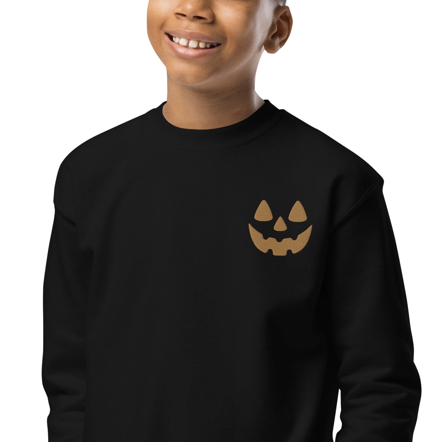 Chunky Deli product photo: Crewneck sweatshirt featuring a jack-o'-lantern face embroidered on the left breast pocket, perfect for fall or Halloween.
