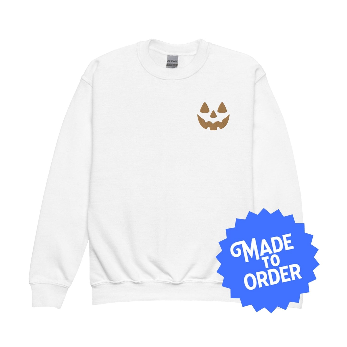 Chunky Deli product photo: Crewneck sweatshirt featuring a jack-o'-lantern face embroidered on the left breast pocket, perfect for fall or Halloween.