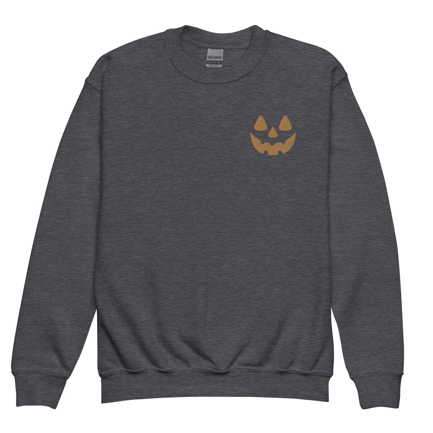 Chunky Deli product photo: Crewneck sweatshirt featuring a jack-o'-lantern face embroidered on the left breast pocket, perfect for fall or Halloween.